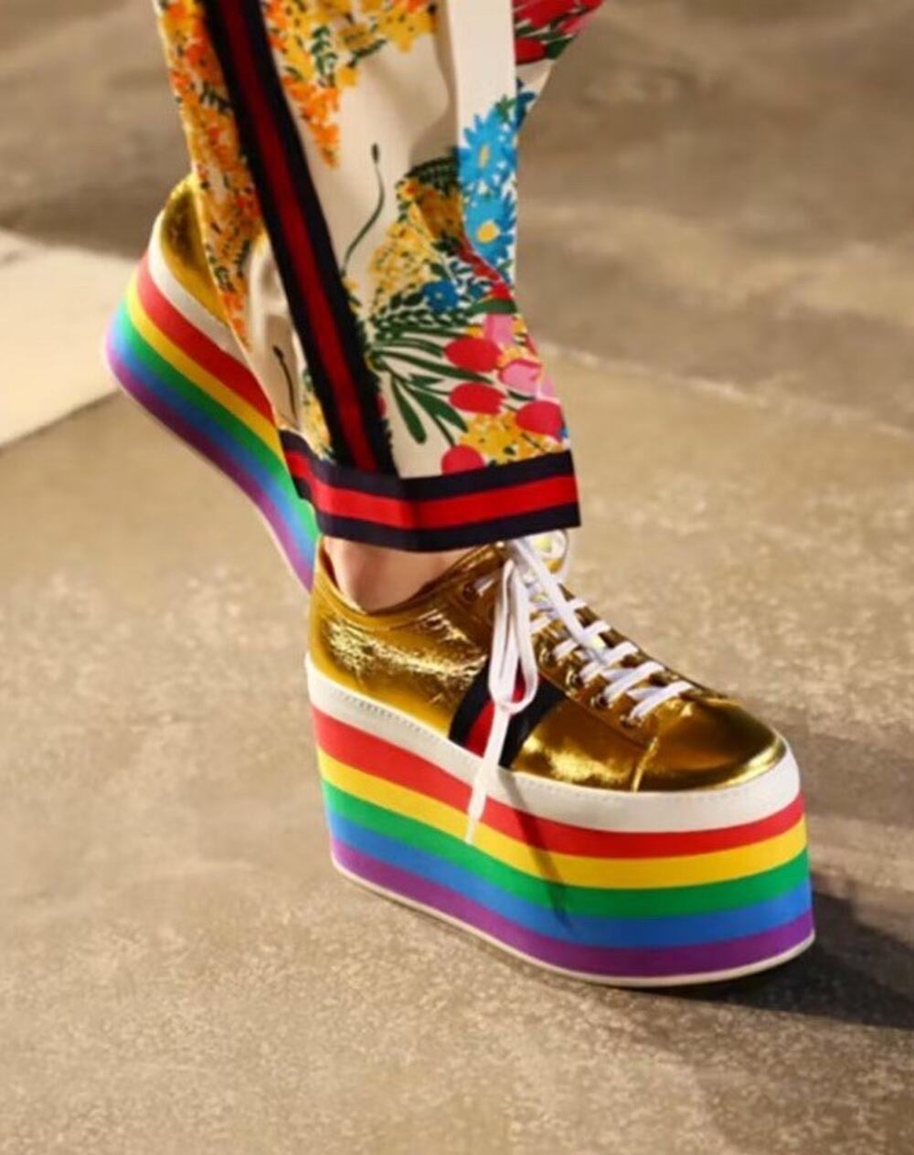 Gucci Peggy Rainbow Platform Sneakers 37.5 Gold Metallic Web Creepers